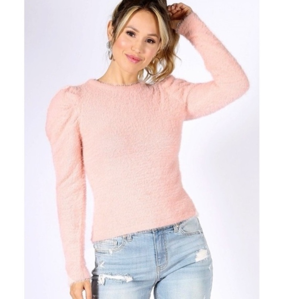 Funkitribe The Savannah: Puffy Sleeve Fuzzy Sweater in Blush, Sz M